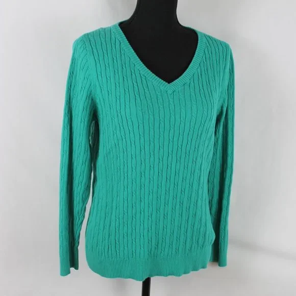 CARIBBEAN JOE Knitted Sweater Woman Sizer XL Green Cable Knit Long Sleeve V Neck - Picture 9 of 10
